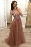 Tulle Beaded  Prom Dress With Lace Up Evening Dress