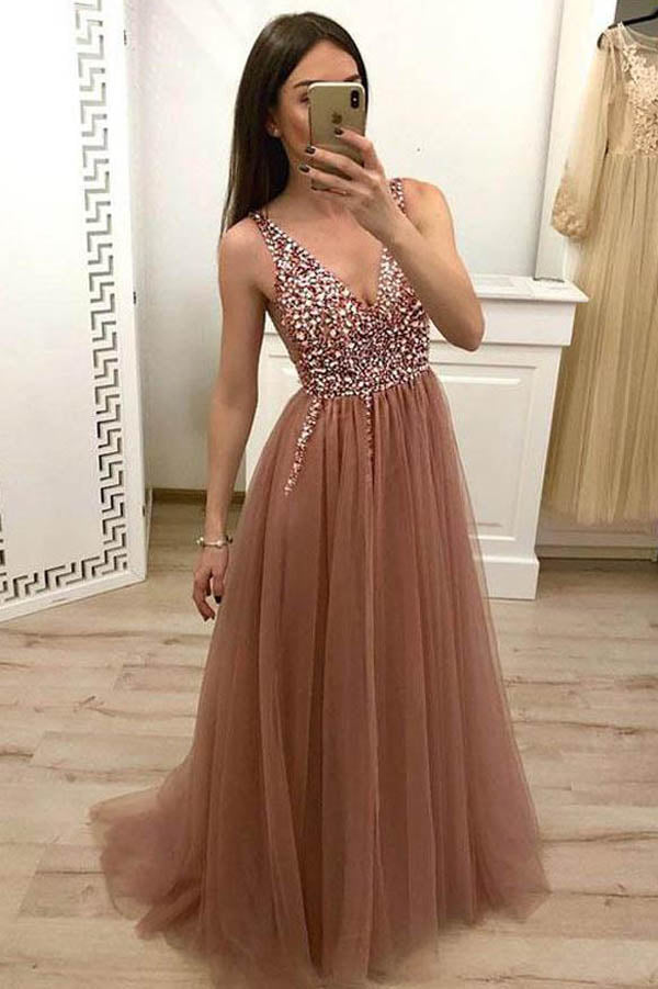 Tulle Beaded  Prom Dress With Lace Up Evening Dress