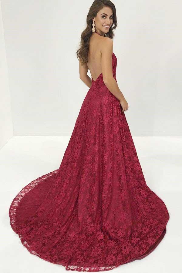 V-Neck Burgundy Deep Lace Sweep Train Backless Long Prom Gown
