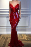 Spaghetti-Straps Mermaid Sequins Sleeveless Evening Gown