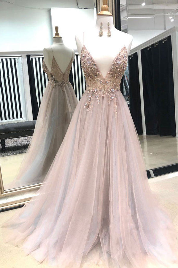V-Neck Spaghtti Straps Light Grey-Blush Prom Dresses with Split, Beaded Prom Dresses