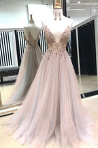 V-Neck Spaghtti Straps Light Grey-Blush Prom Dresses with Split, Beaded Prom Dresses