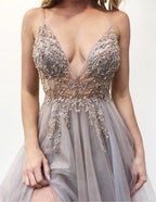 V-Neck Spaghtti Straps Light Grey-Blush Prom Dresses with Split, Beaded Prom Dresses