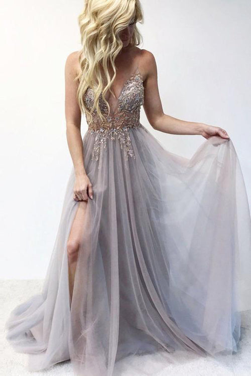 V-Neck Spaghtti Straps Light Grey-Blush Prom Dresses with Split, Beaded Prom Dresses