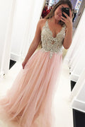 Tulle A-line V-neck Beaded Long Prom Dresses with Appliques