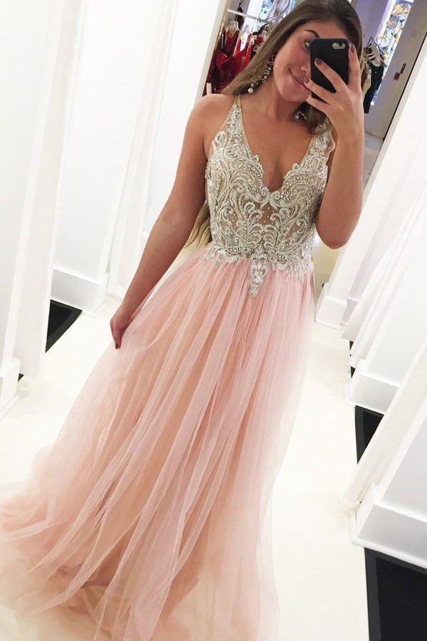 Tulle A-line V-neck Beaded Long Prom Dresses with Appliques