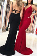 Simple V-neck Mermaid Backless Spaghetti Straps Prom Dresses Long Party Dress