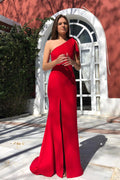 Single Shoulder Red Satin High Slit Prom Gowns Unique Designed Mermaid Prom Dress