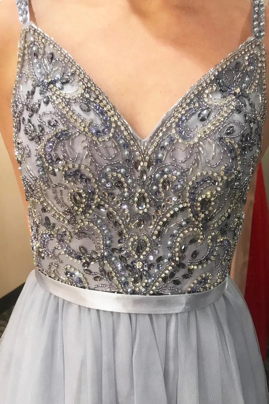 Tulle Sleeveless A-line V-Neck Beading Floor Length Grey Prom/Formal Dress