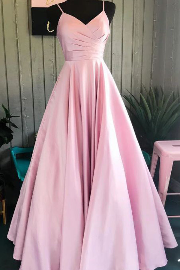 Spaghetti Straps Pink Satin Formal Dresses Pleated Bodice Simple Prom Dresses