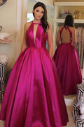 V Neckline Satin Ball Gown Evening Dress  Backless Prom Dress
