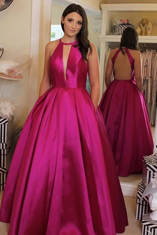 V Neckline Satin Ball Gown Evening Dress  Backless Prom Dress