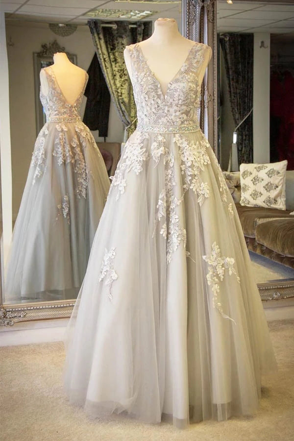 V-neck Lace Appliques A-line Long Light Prom Dress With Crystals