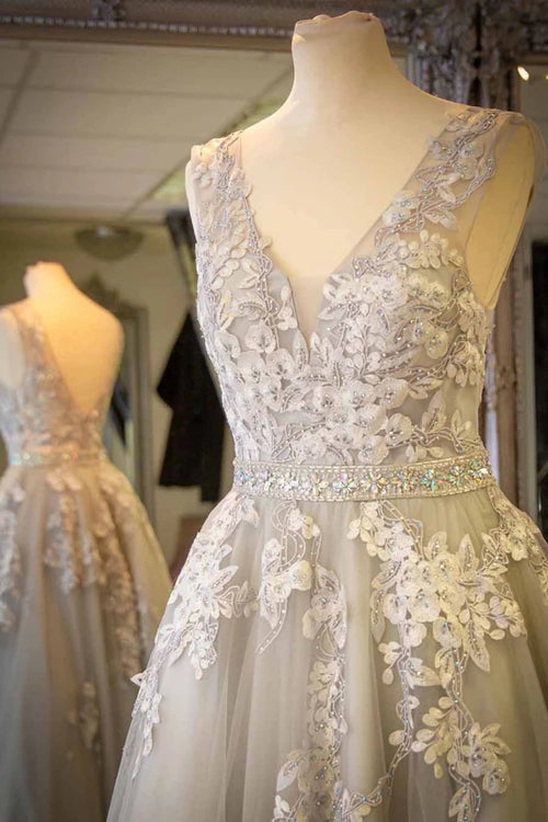 V-neck Lace Appliques A-line Long Light Prom Dress With Crystals