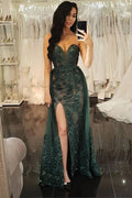 Unique Mermaid Sweetheart Dark Green Lace Split Prom Dresses,Two Piece Prom Dresses