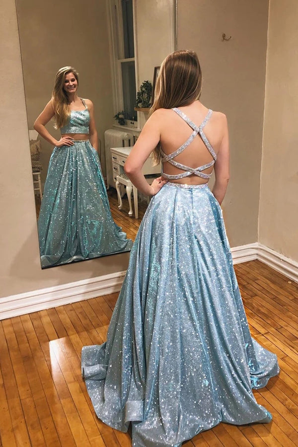 Tulle Lavender A-Line Sparkle Two Piece Prom Dress With Appliques