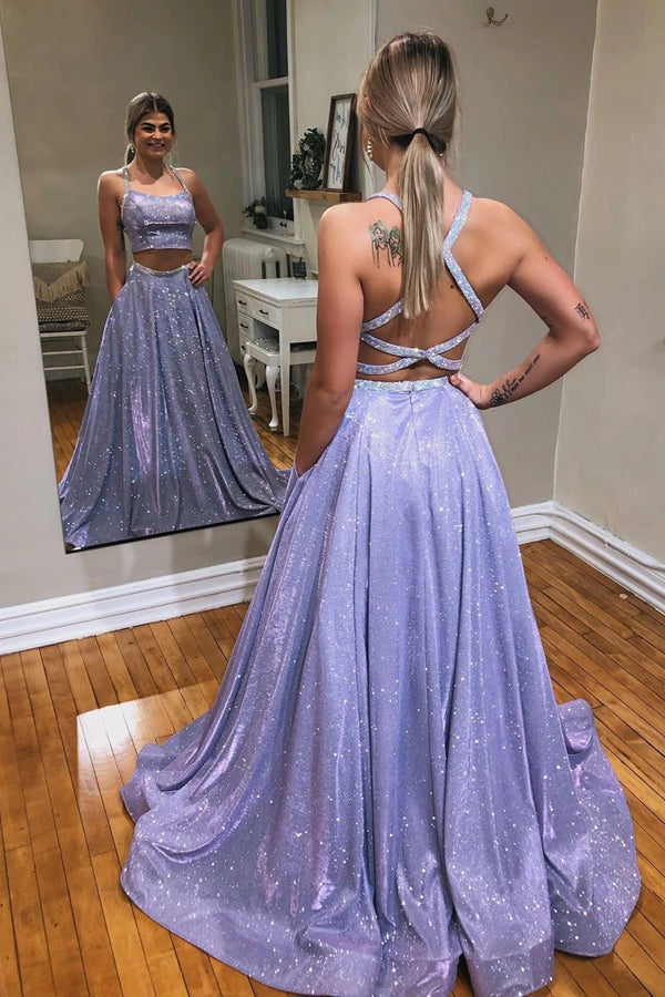 Tulle Lavender A-Line Sparkle Two Piece Prom Dress With Appliques