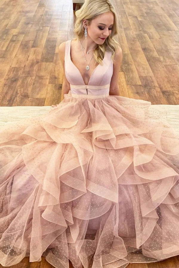 Tulle Lace Prom Dresses with Straps Deep V-neck A-line Long Prom Dress