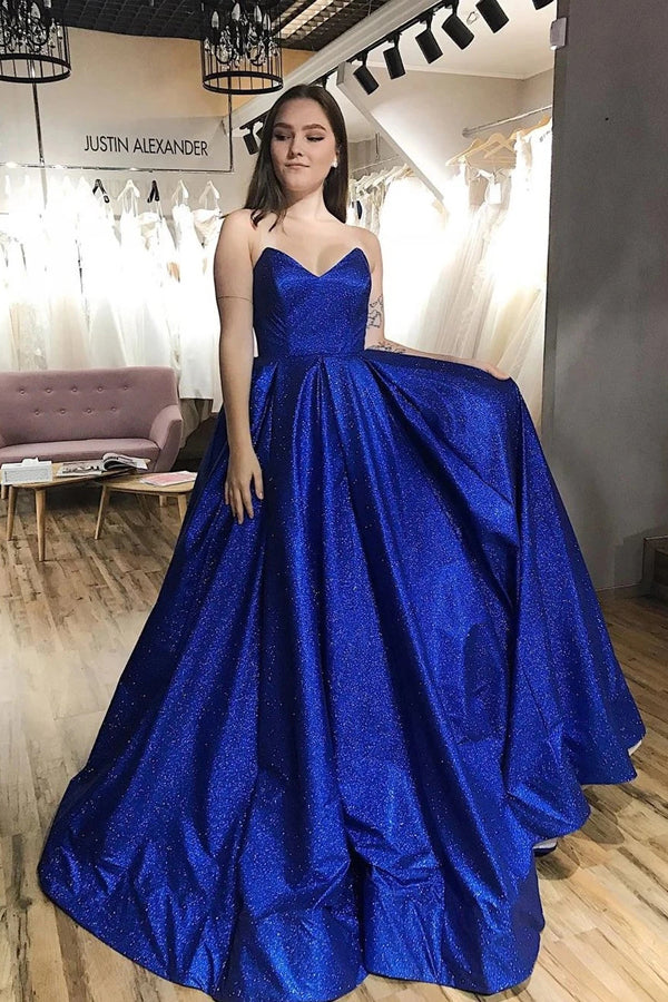 Sparkle Tulle Strapless V-neck A-Line Prom Dress with Pockets
