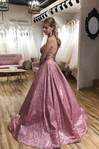 Sparkle  A-line Scoop Spaghetti Straps Sweep Train Prom Dress with Pockets4