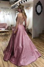 Sparkle  A-line Scoop Spaghetti Straps Sweep Train Prom Dress with Pockets4