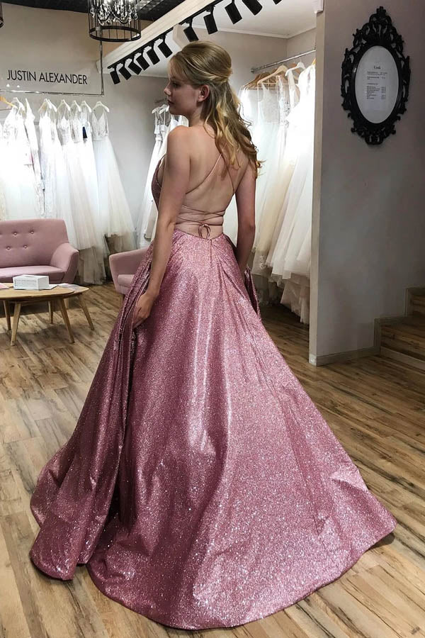 Sparkle  A-line Scoop Spaghetti Straps Sweep Train Prom Dress with Pockets4