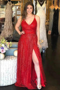 Sparkly V-neck Backless A-line Long Prom/Formal Dress With Split