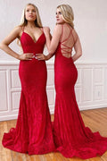 V-neck Spaghetti Straps Lace Prom Dresses,Cross Back Evening Dresses