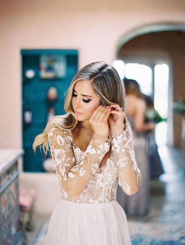 NumberSea See Through Beaded Floral Lace Long Sleeve Boho Wedding Dresses,MW269