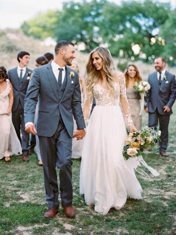NumberSea See Through Beaded Floral Lace Long Sleeve Boho Wedding Dresses,MW269