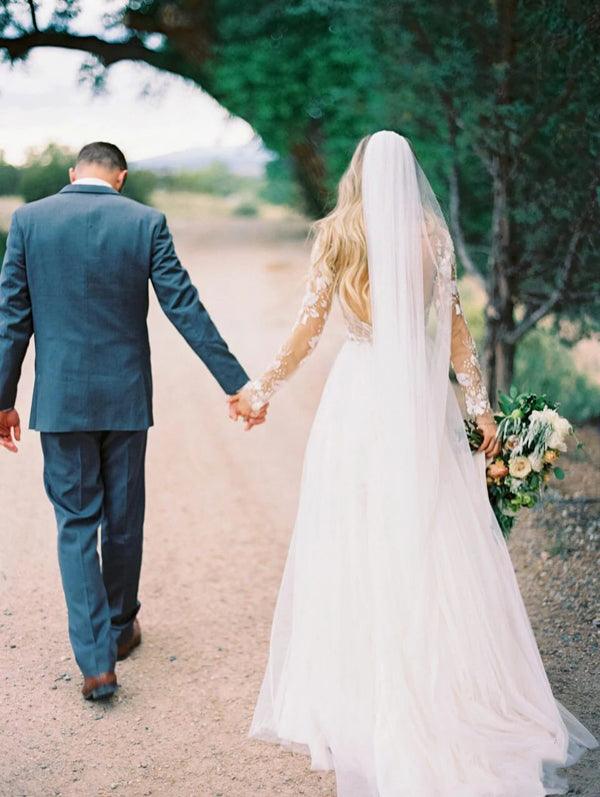 NumberSea See Through Beaded Floral Lace Long Sleeve Boho Wedding Dresses,MW269