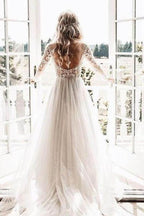NumberSea See Through Beaded Floral Lace Long Sleeve Boho Wedding Dresses,MW269