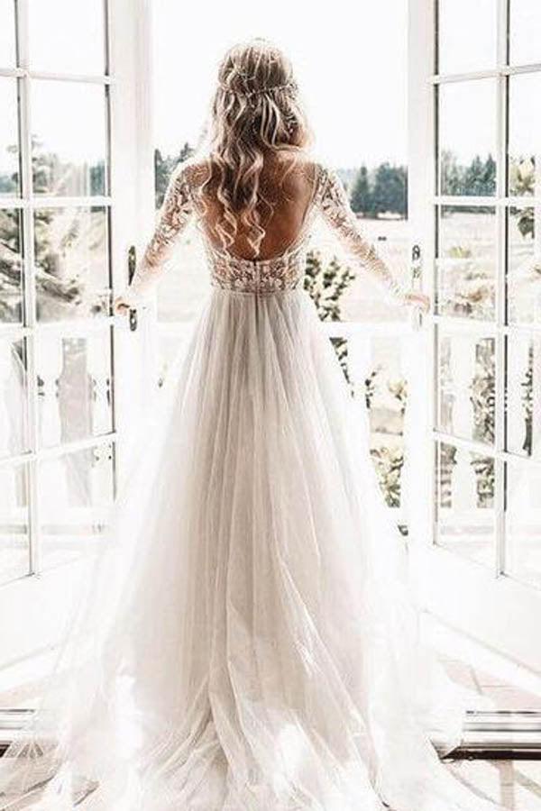NumberSea See Through Beaded Floral Lace Long Sleeve Boho Wedding Dresses,MW269