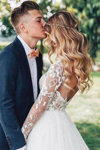 NumberSea See Through Beaded Floral Lace Long Sleeve Boho Wedding Dresses,MW269