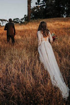 Lace Polka Dot Boho with Sleeves Bohemian Wedding Dress,MW274