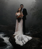 Lace Polka Dot Boho with Sleeves Bohemian Wedding Dress,MW274