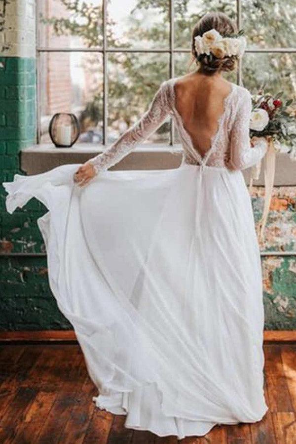 NumberSea Romantic Boho Long Sleeve Beach Lace Backless Wedding Dress