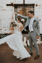 NumberSea Romantic Boho Long Sleeve Beach Lace Backless Wedding Dress