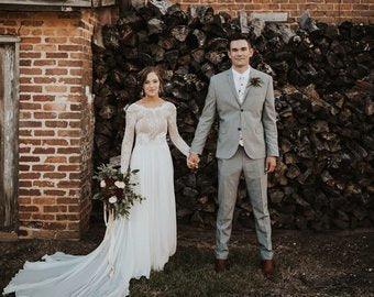 NumberSea Romantic Boho Long Sleeve Beach Lace Backless Wedding Dress