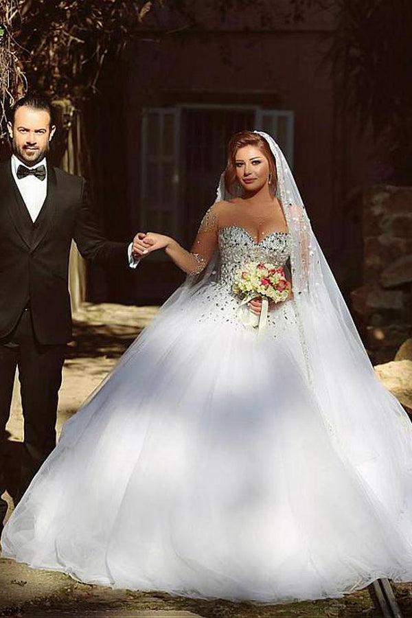 NumberSea Vintage Long Sleeve Beadings Ball Gown Tulle Wedding Dress,MW297