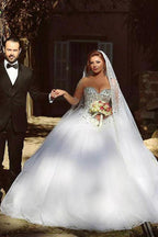 NumberSea Vintage Long Sleeve Beadings Ball Gown Tulle Wedding Dress,MW297
