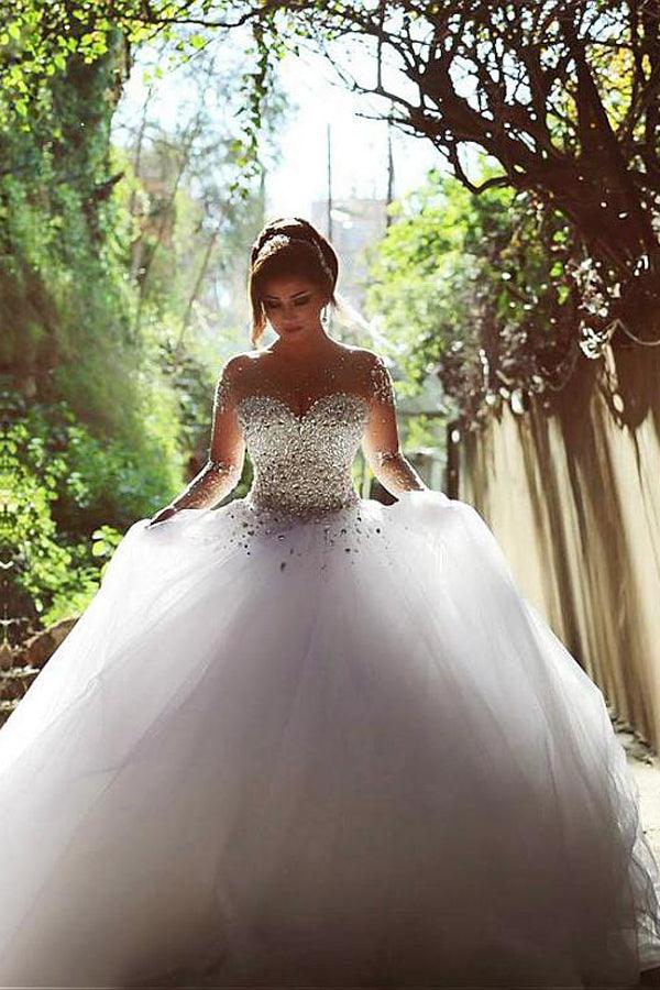 NumberSea Vintage Long Sleeve Beadings Ball Gown Tulle Wedding Dress,MW297