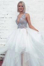 Layered Plunging Neck V-Back Long Wedding Dress with Colored Appliques