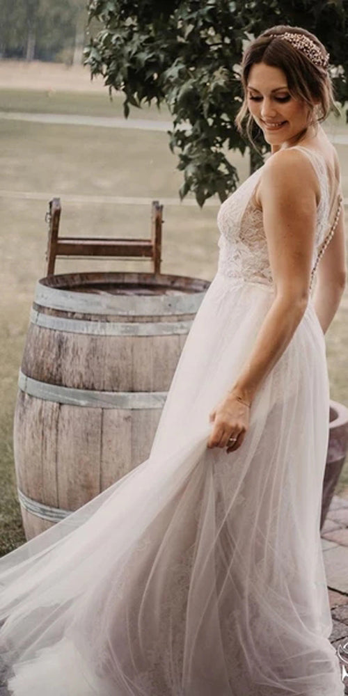 Graceful Ivory Beaded Deep V Illusion A-Line Wedding Gown Lace Wedding Dress