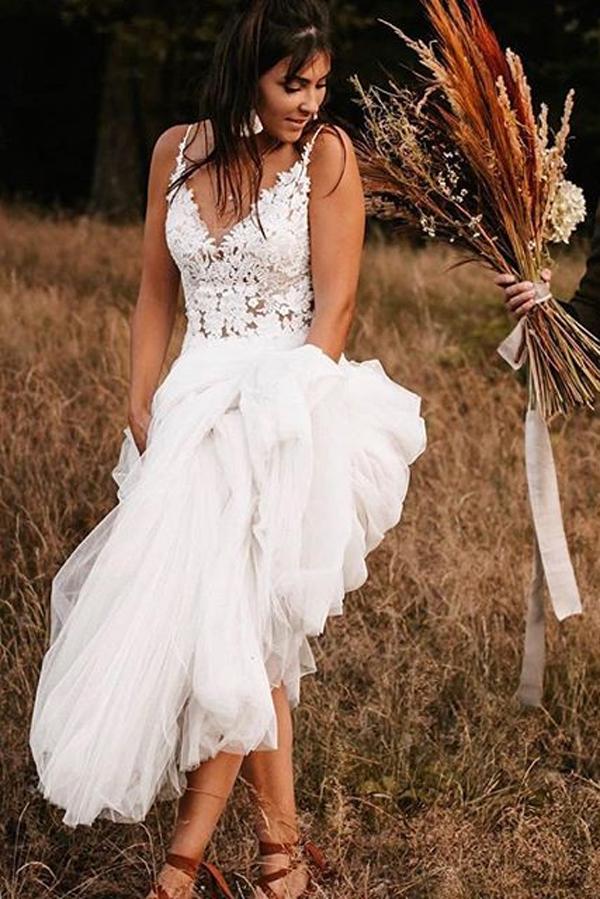 Gorgeous Lace Bodice V-neck Bridal Dresses White Backless A-line Wedding Dresses