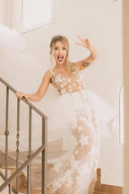 NumberSea Unique See Through Ivory Stars Lace Pattern Bridal Dress Edgy Wedding Dresses,MW372
