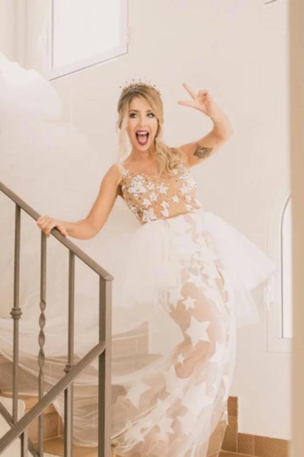 NumberSea Unique See Through Ivory Stars Lace Pattern Bridal Dress Edgy Wedding Dresses,MW372