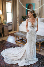 NumberSea V-neck Sleeveless Mermaid Backless Lace Pocket Wedding Dress With Court Train,MW398