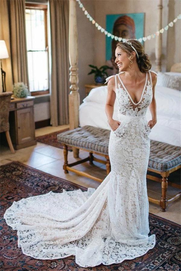 NumberSea V-neck Sleeveless Mermaid Backless Lace Pocket Wedding Dress With Court Train,MW398