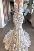 NumberSea Vintage Mermaid V-neck Open Back Ivory Lace Wedding Dresses, Elegant Wedding Gown,MW405